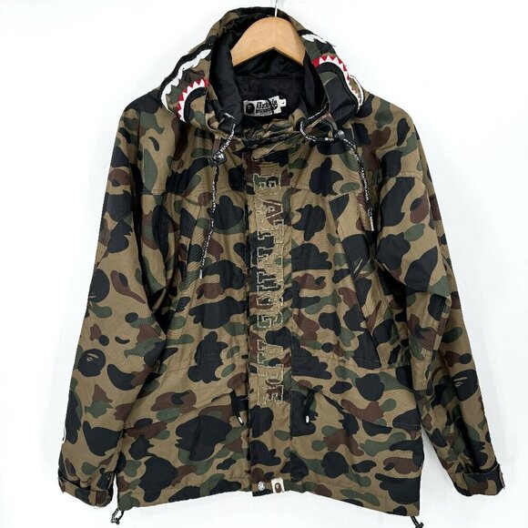 A Bathing Ape Green Camo Shark Cotton Full Zip Hoodie BAPE Unisex Large Jacket - Picture 1 of 14